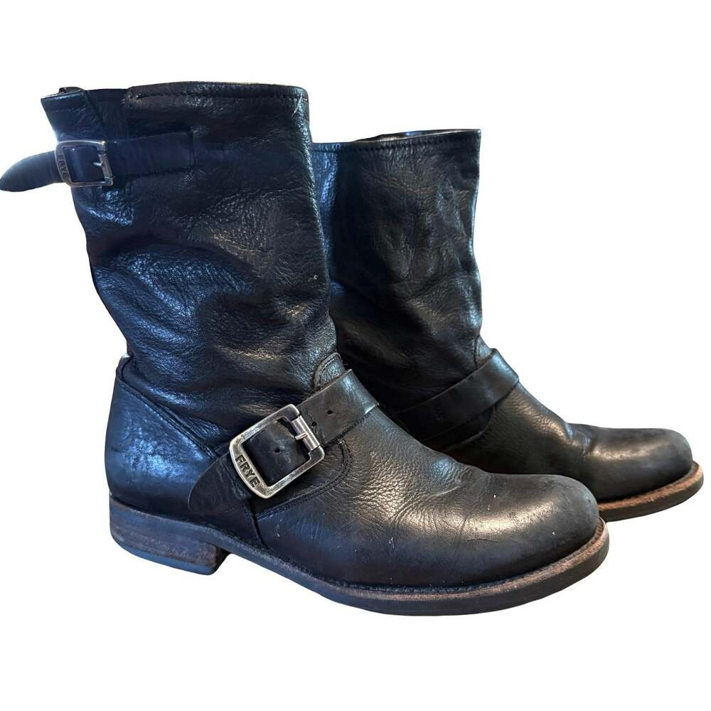 Frye Veronica Shortie Black Rustic Leather Moto Buckle Boots Mid Calf Shoes 8
